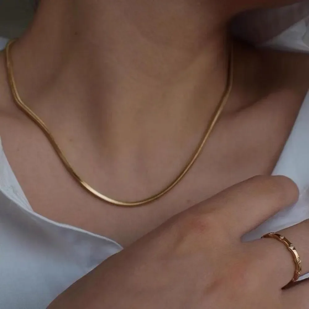 18K Thick Gold Plated Square Herringbone Chain Necklace